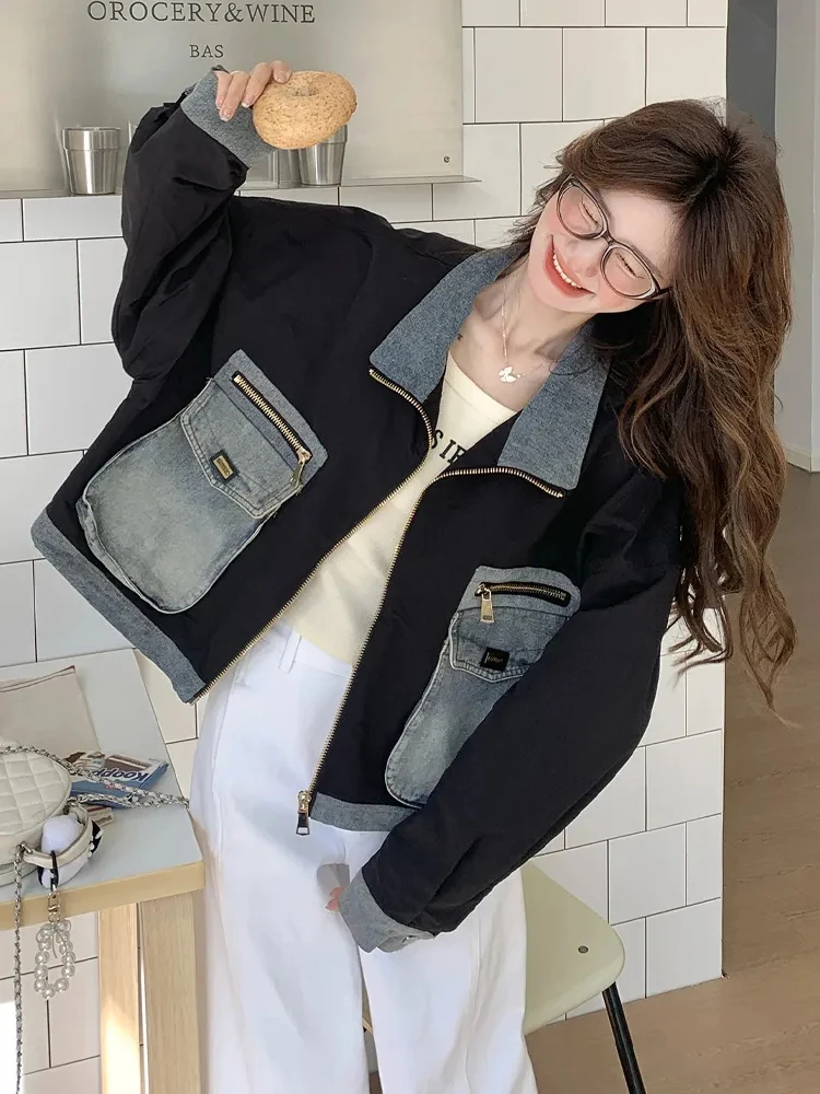 

Vintage Streetwear Denim Coats Women Long Sleeve Zipper Patchwork Hottie Cargo Jacket Korean Simple Casual Y2K Female Outwear