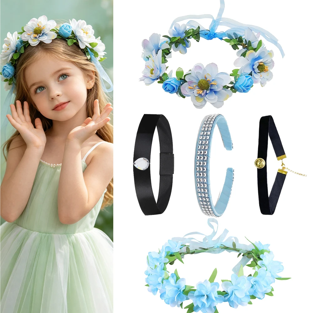 Blue Fairy Princess Dress Up Accessory Set With Flower Wreath Necklace Headband for Girls Halloween Birthday Party