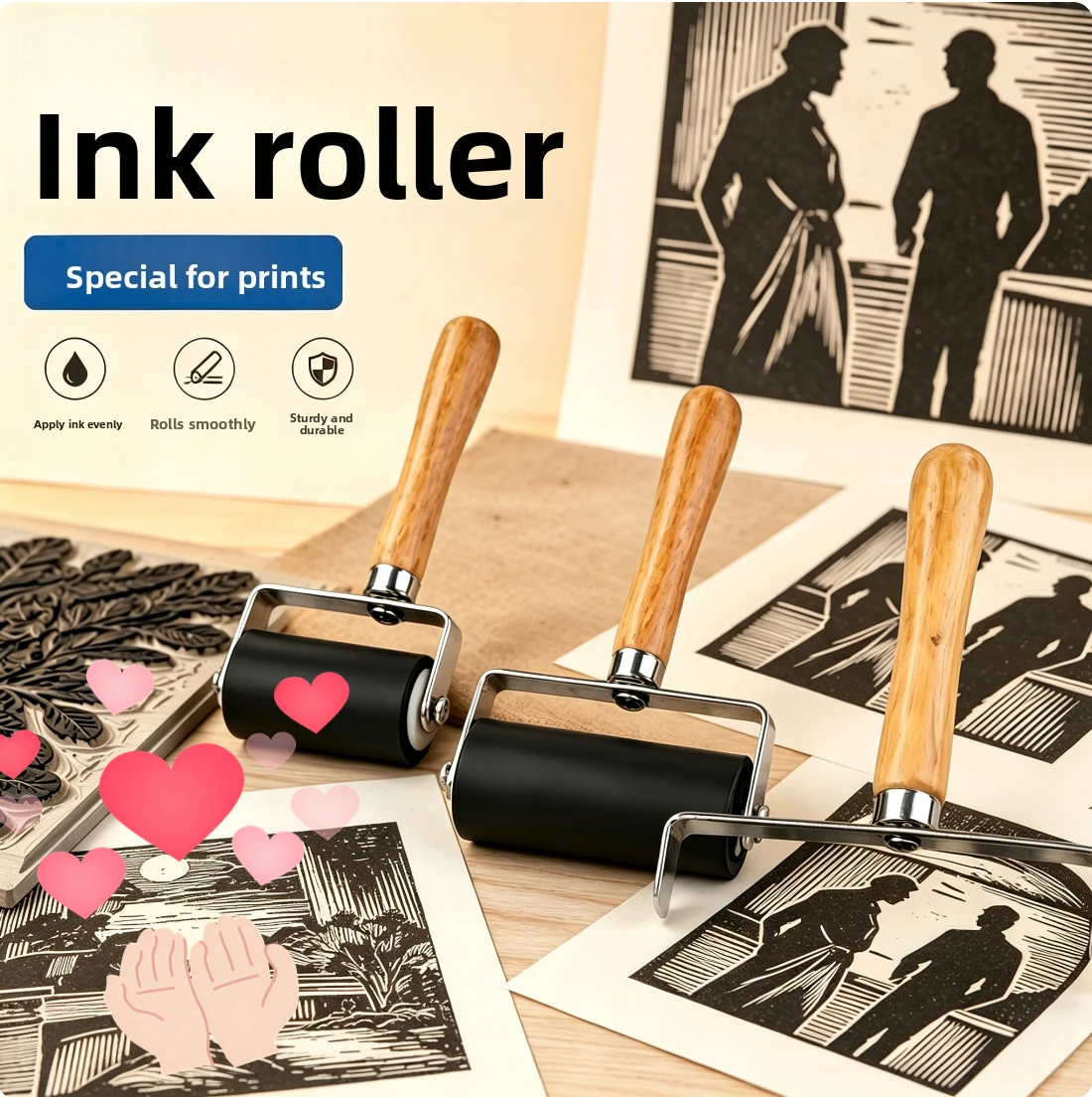 Print Ink Roller, Wooden Handle Rubber Roller, Art Transfer Printing Tool, Handmade Art Painting Roller