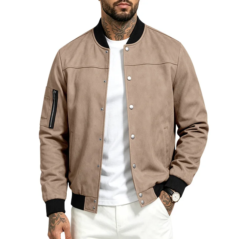 Men's Fall Winter Faux Suede Jacket, Solid Color Spliced Stand Collar Button‑Up Cardigan, Long Sleeve Casual Sports Outerwear