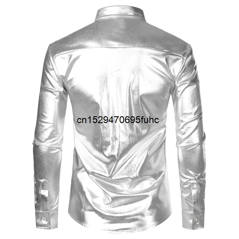 Silver Metallic Sequins Glitter Shirt Men 2023 New 70\'s Disco Party Halloween Costume Chemise Homme Stage Performance Shirt Male