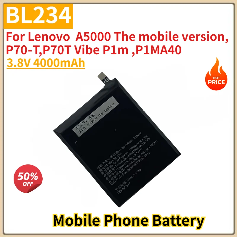BL234 Battery 3.8V 4000mAh for Lenovo  A5000 The mobile version, P70‑T,P70T Vibe P1m ,P1MA40 Mobile Phone Replacement Battery