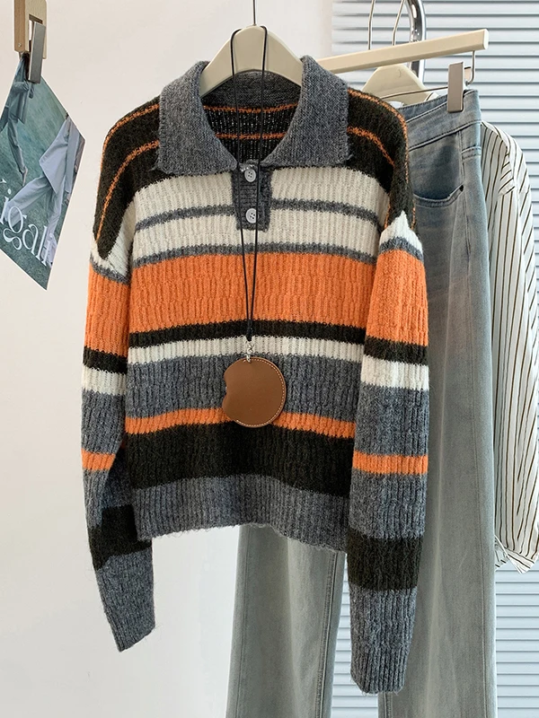 Korean Style Color Block Striped Half Open Collar Pullover Knitted Sweater Coat Women's Autumn Winter New Arrival Loose Fit