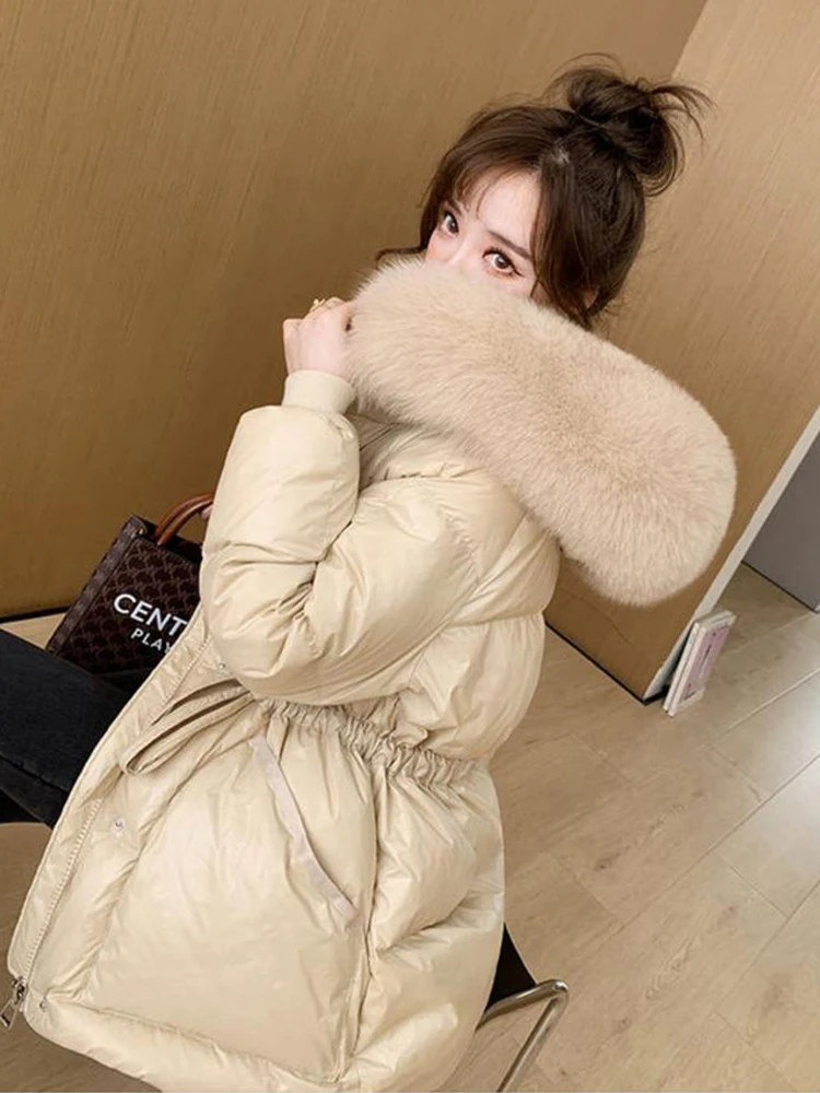 2024 Autumn Winter Hooded Fur Collar Parkas Mujer With a Belt Thick Warm Down Cotton Padded Jacket Women Casual Coat Female