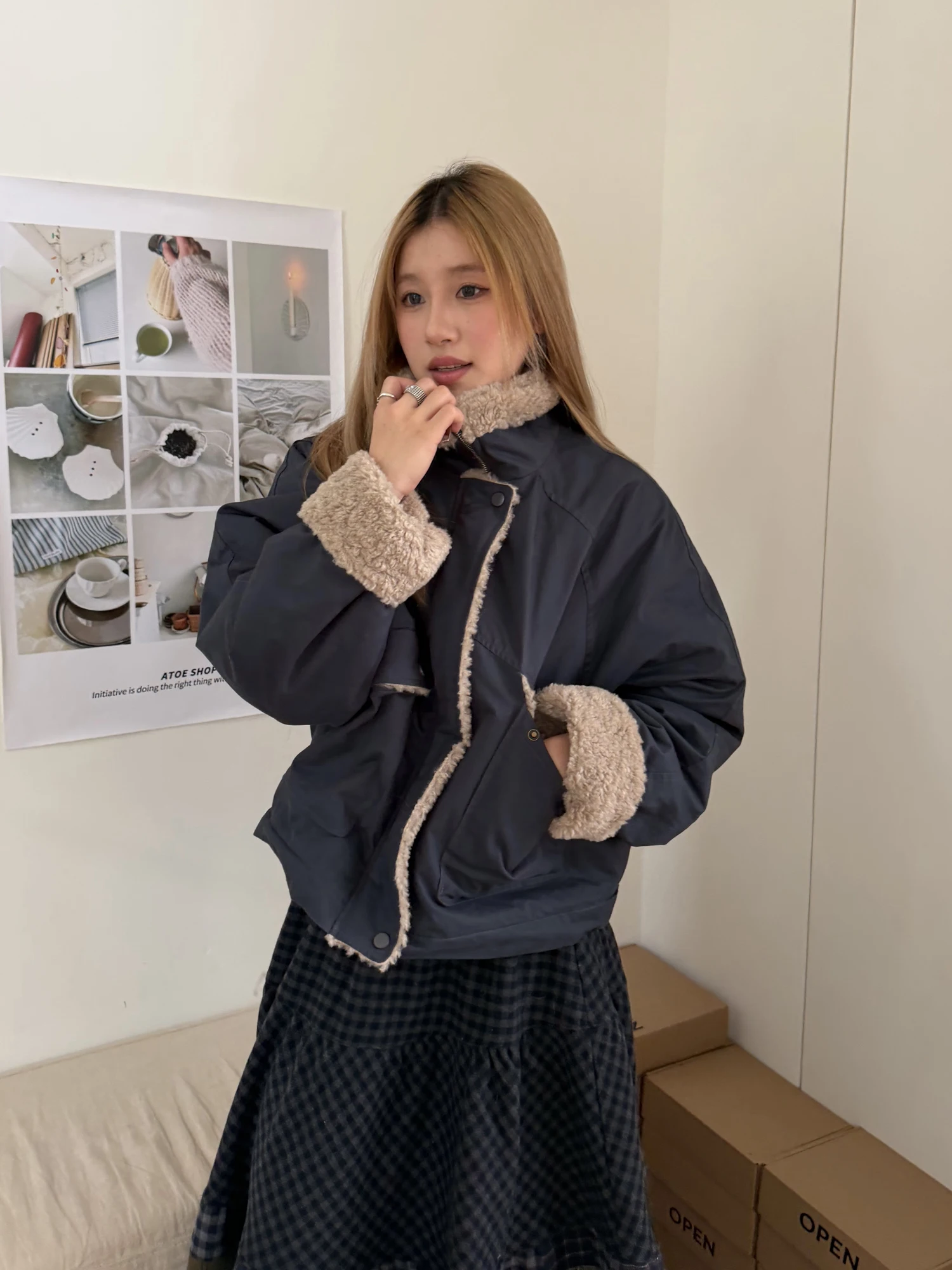 

ex Retro ort Wide Cotton Workwear Jaet with Lamb Fur Splicing American Sle Collar Winter Outerwear for Men And Women