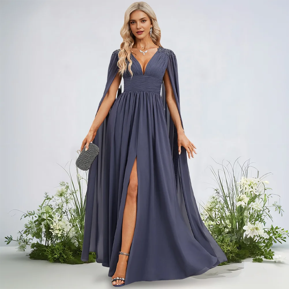 

​Luxury Stormy Floor-Length Evening Gown 2025 A-Line V-Neck Chiffon Dress Pleated Sequins Lace Appliques Prom Wedding Party​