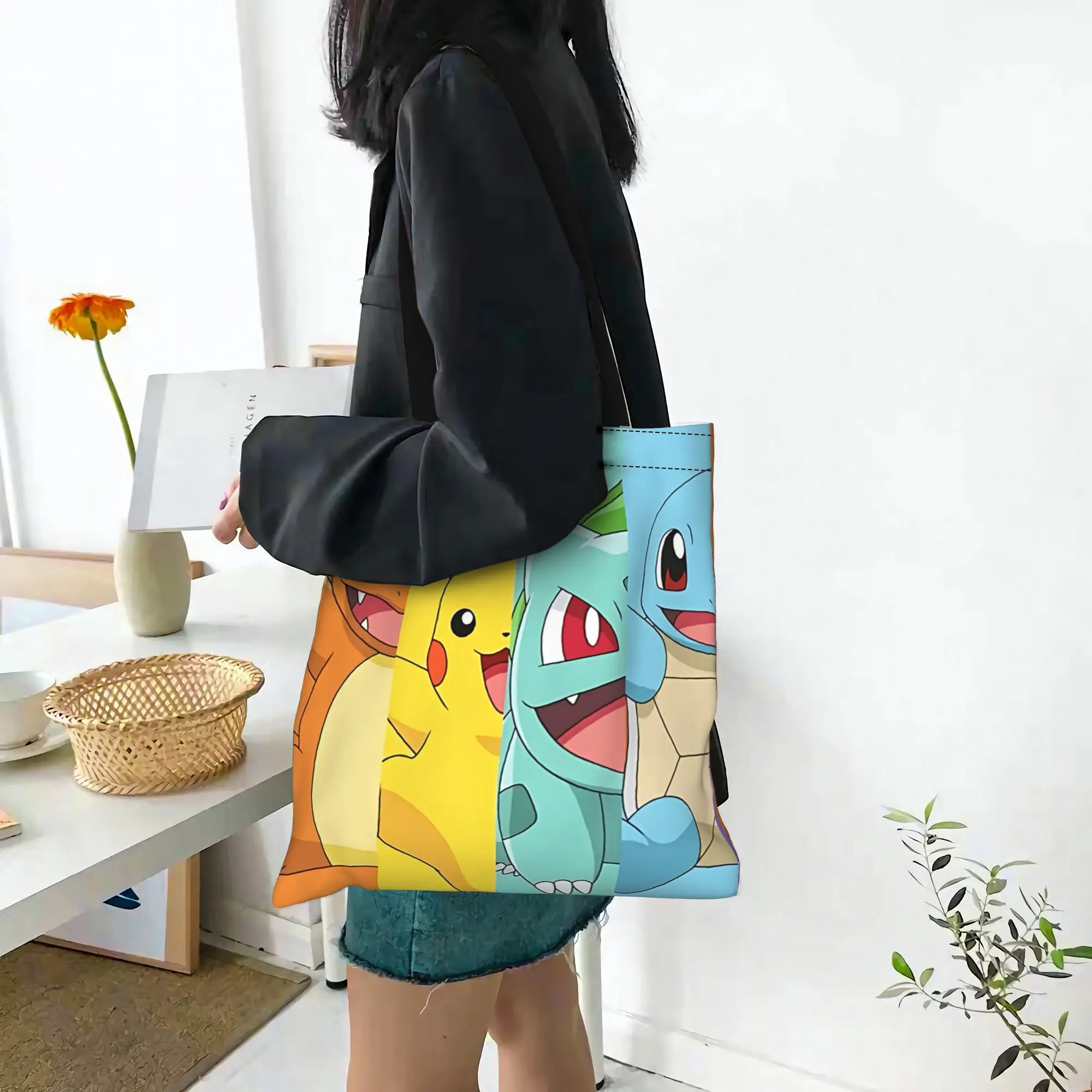Customized Pokemon Women's Bag Shopping Bag Reusable Double Sided Canvas Tote Bag Shoulder  Handbag