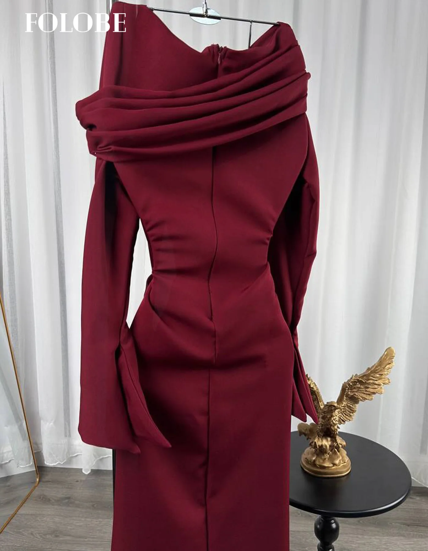 فستان سهرة FOLOBE باللون العنابي بأكمام طويلة مطوي حورية البحر مطرز بالخرز فساتين حفلات أنيقة للنساء فستان زفاف حورية البحر مخصص #3