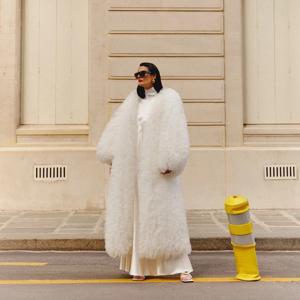 Veste longue bouffante exagérée pour femme, manches en tulle, blanc, mode Y-Street, extra, manteau à volants, longueur de rinçage