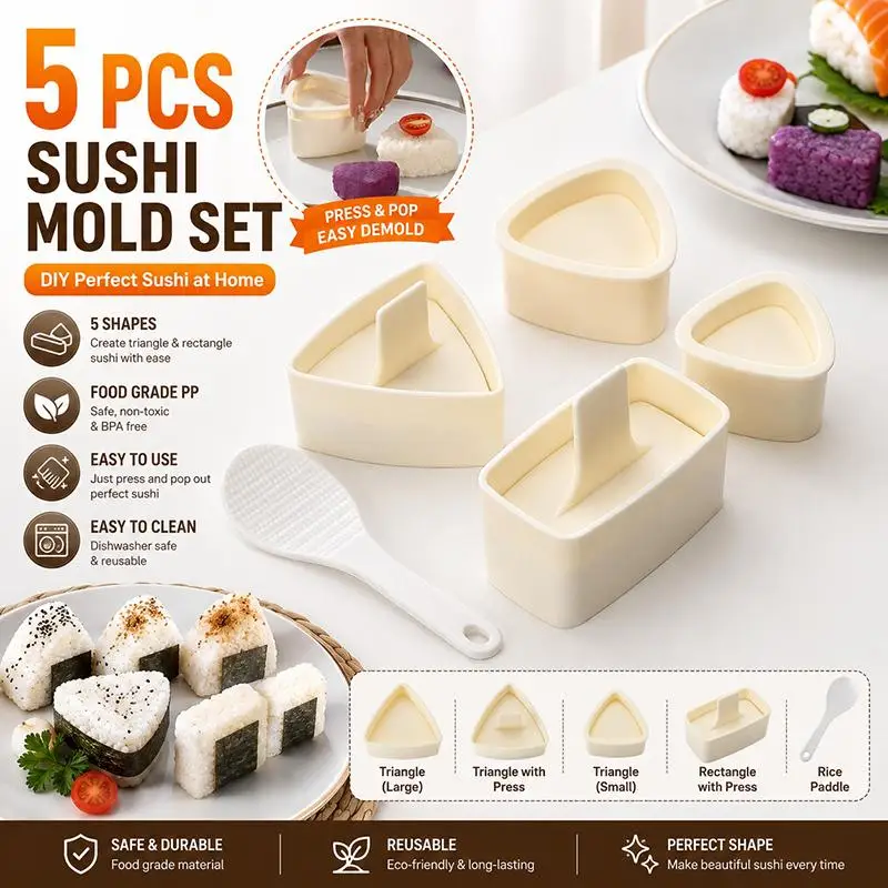 DIY Sushi Mold Set 5Pcs Non-Stick Easy Demold Triangular Rice Mold for Home Picnic Bento Lunch