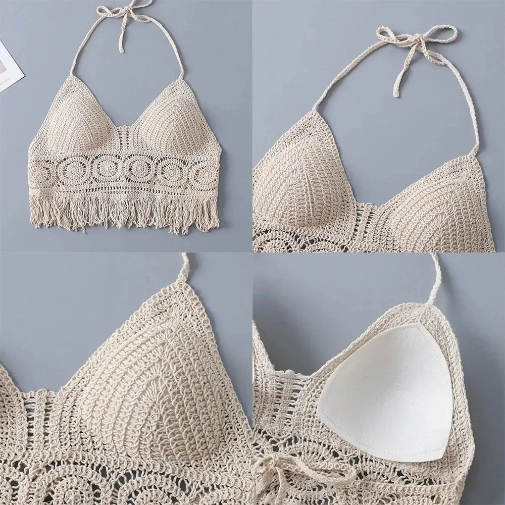 Kamizelka krótka koszulka damska Boho Fringe Backless Halter wiązanie na szyi bielizna odzież wierzchnia z haftem na szyi frędzle pończoch