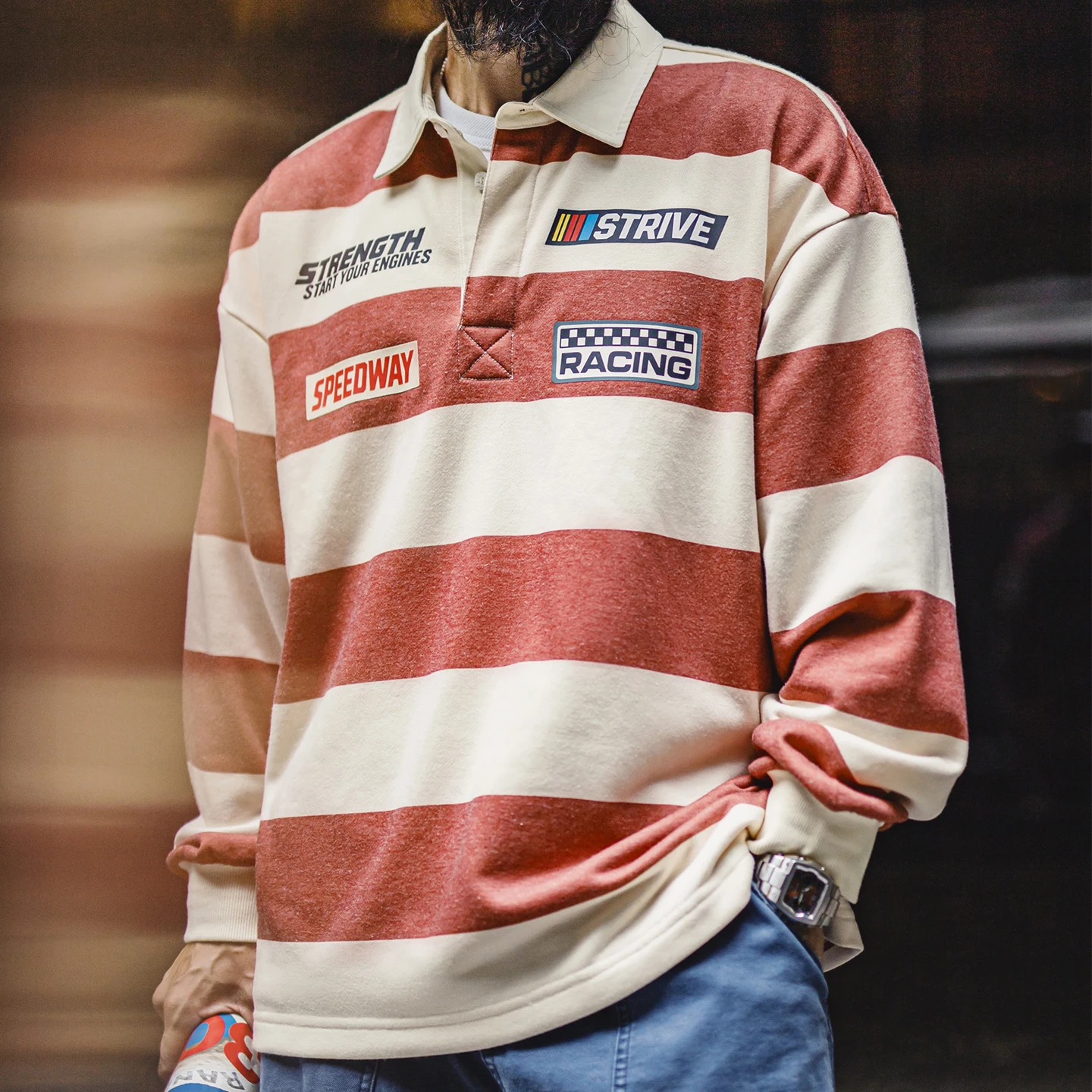 Camiseta de Rugby para Hombre Maden, Polo de Manga Larga a Rayas, Corte Holgado, Tejido de Punto, Parche Gráfico de Carreras, Ropa Casual de Trabajo