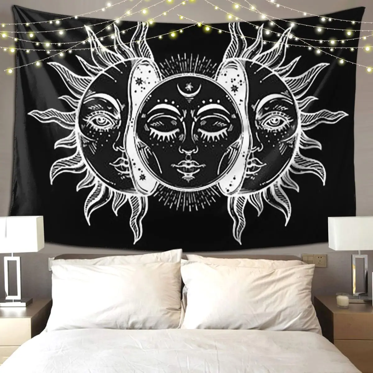 Vintage Sun And Moon Solar Eclipse Tapestry Hippie Wall Hanging Aesthetic Home Decoration Tapestries for Living Room Dorm Room