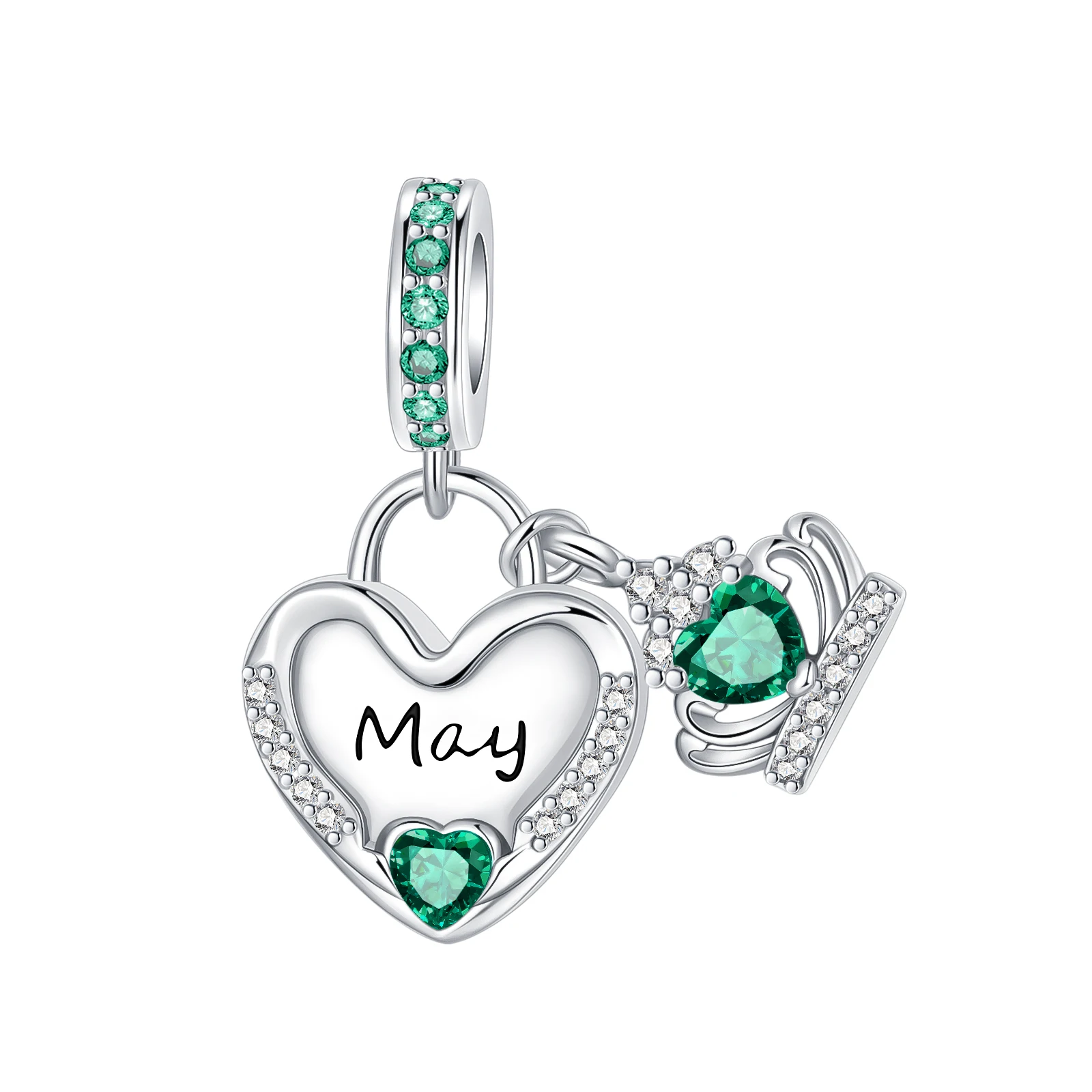 925 Sterling Silver May Birthstone Dangle Charm Bead Green CZ Emerald Color Pendant Fit Bracelets Birthday Jewelry for Women