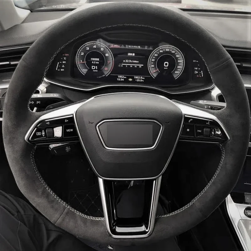 Alcantara Steering Wheel Cover Real Leather White Thread Hand Stitching Car Accessoires for Audi A6 A7 S7 2018-2019 / D-SHAPE