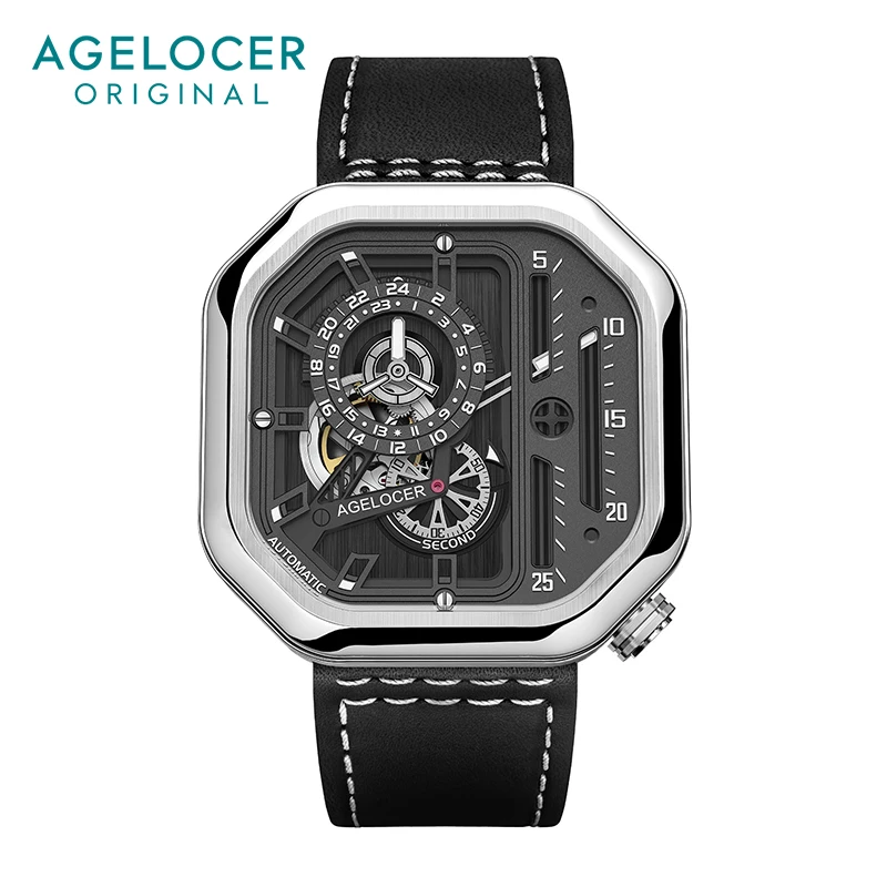 AGELOCER Men\'s Top Brand Skeleton Mechanical Automatic Fashion Luxury Stainless Steel Luminous Square Watch