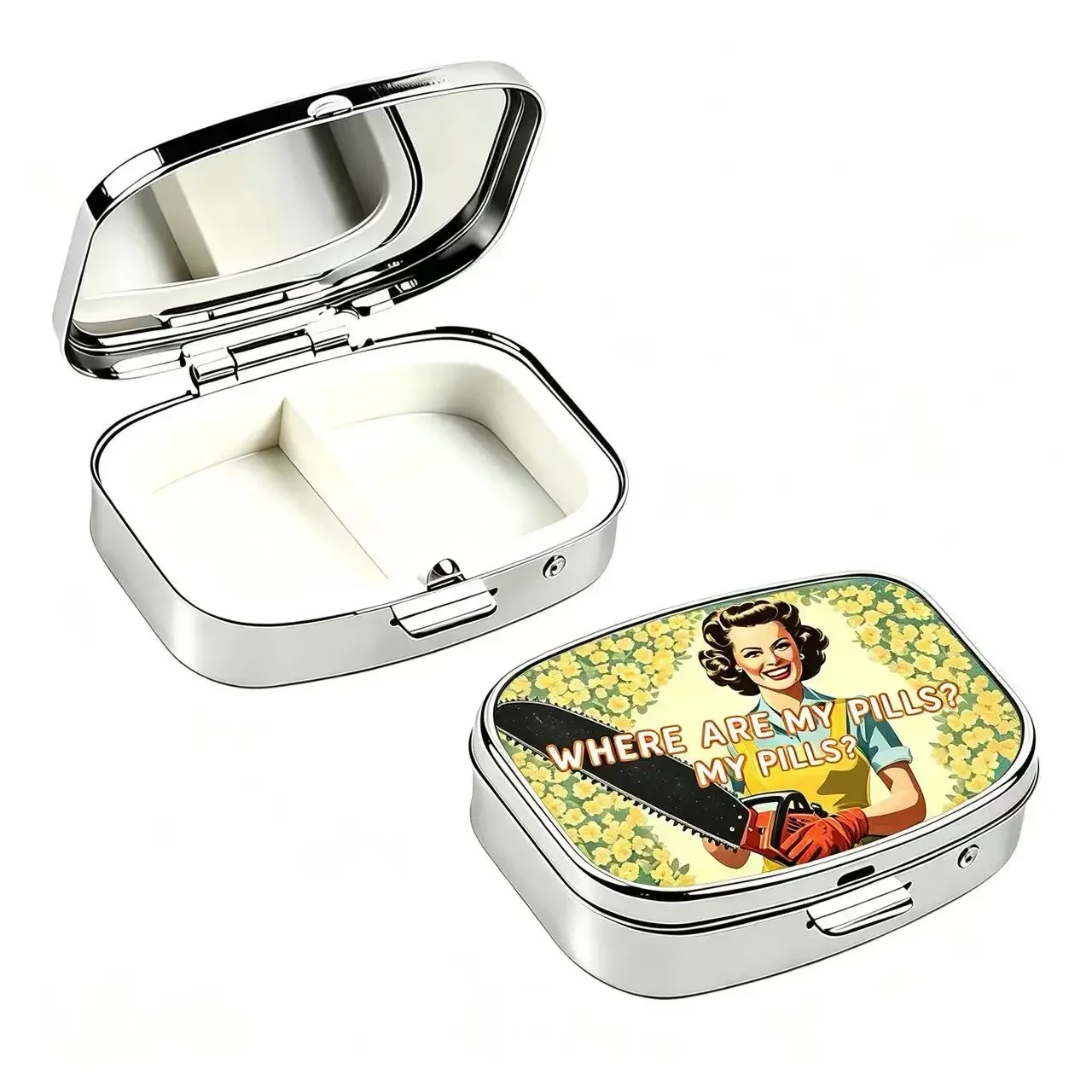 Funny Retro Woman Print Metal Pill Box 