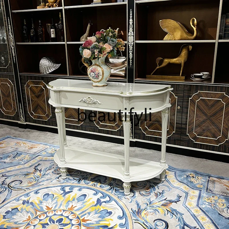 

French solid wood entrance table, European court luxury carved decoration table, living room sofa back storage table07A