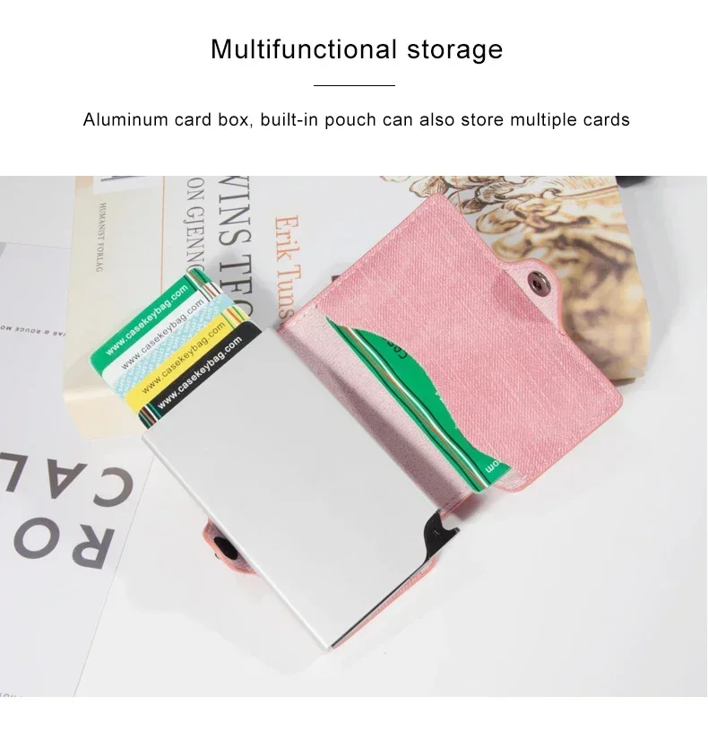 Damen Rosa Geldbörse Schlankes Minimalistisches PU-Leder Automatisches Pop-Up-Portemonnaie Geldklammer RFID Aluminium Kreditkartenhalter für Frauen Männer – Detail 8