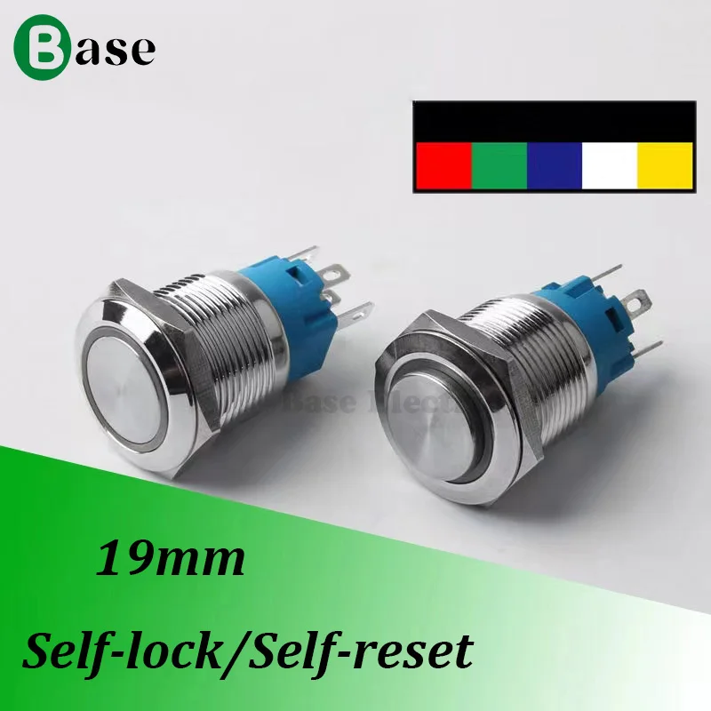 19mm Metal Push Button LED Light Switch Ring 12V Momentary Latching Type NO NC Red Blue 24V 36V 48V 110-220V