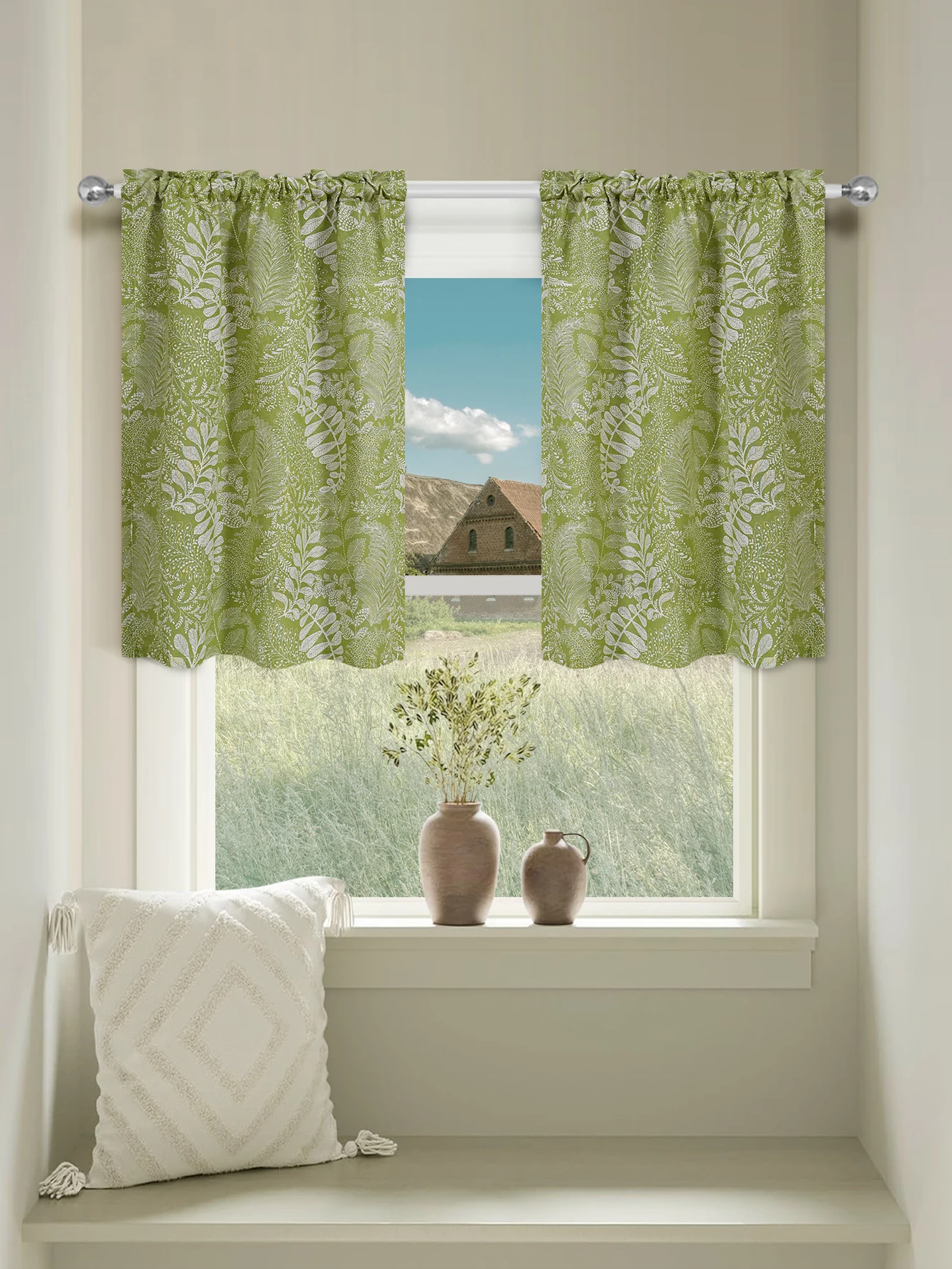 1pc Small Window Curtains for Bedroom Short Curtain for Bathroom Living Room, Leaves Print Through Rod Blackout Curtains (95%)