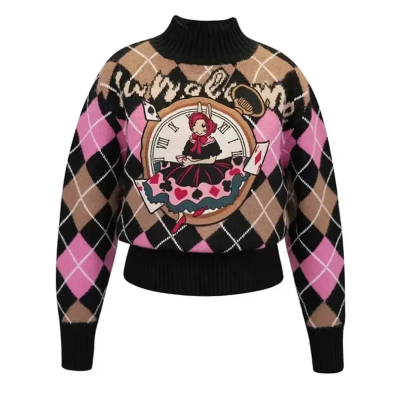 Vintage Argyle Knit Sweater Pullover Women Cartoon Embroidered Half High Collar Tops 2024 AutumnLong Sleeve Elegant Chic Jumper