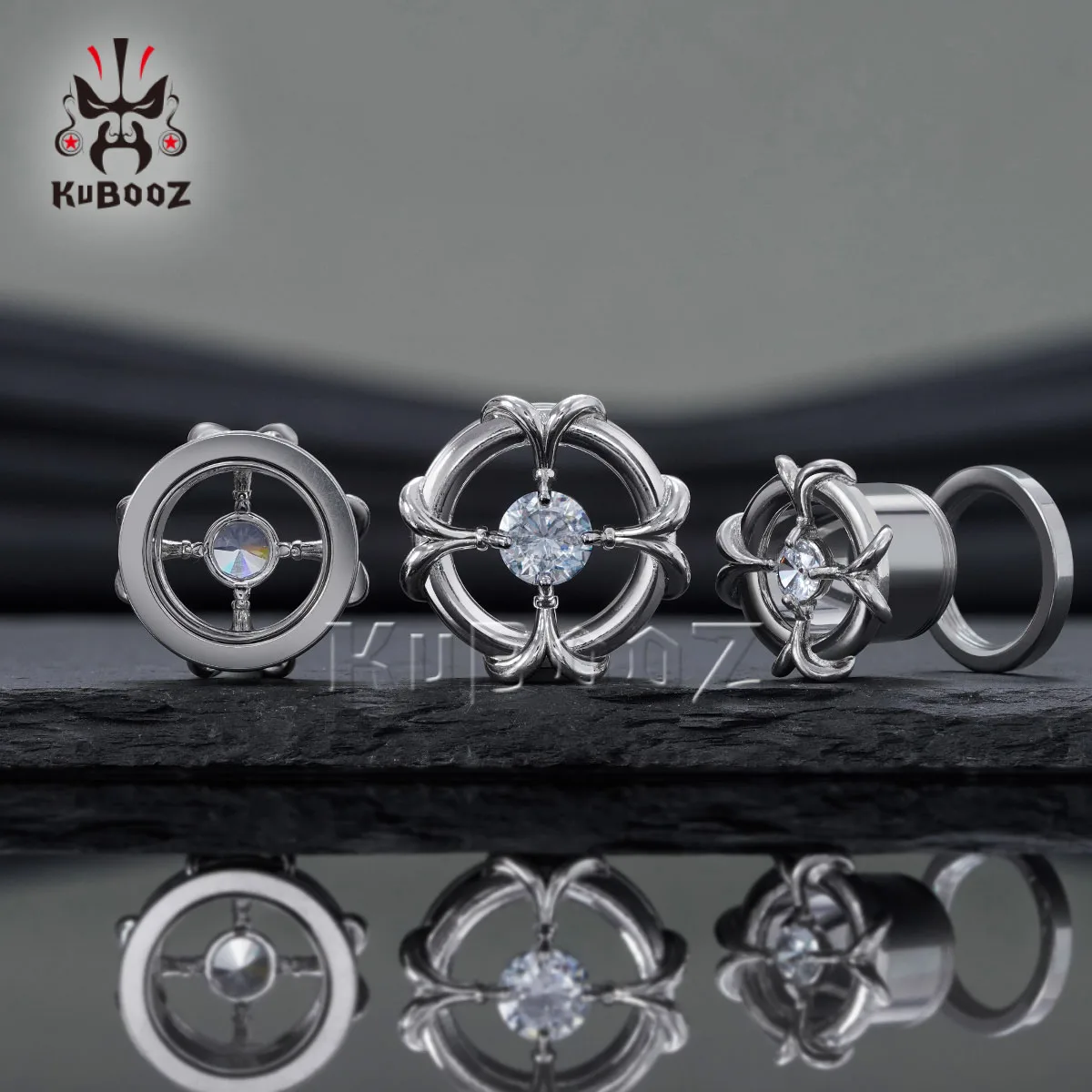KUBOOZ Luxury Crystal Flower Ear Tunnel Plugs Gauge Expander Hollow Stainless Steel Ear Stretcher Body Piercing Jewelry