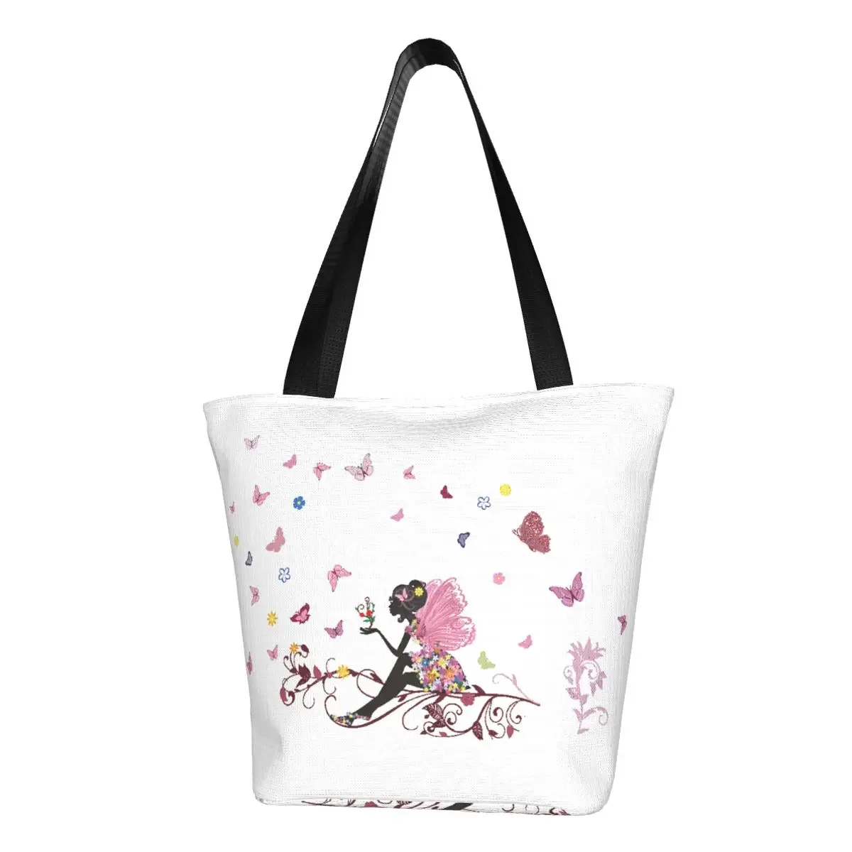 Bolso de mano con estampado divertido de Hada de las flores para niñas, bolso de hombro de lona portátil para compras