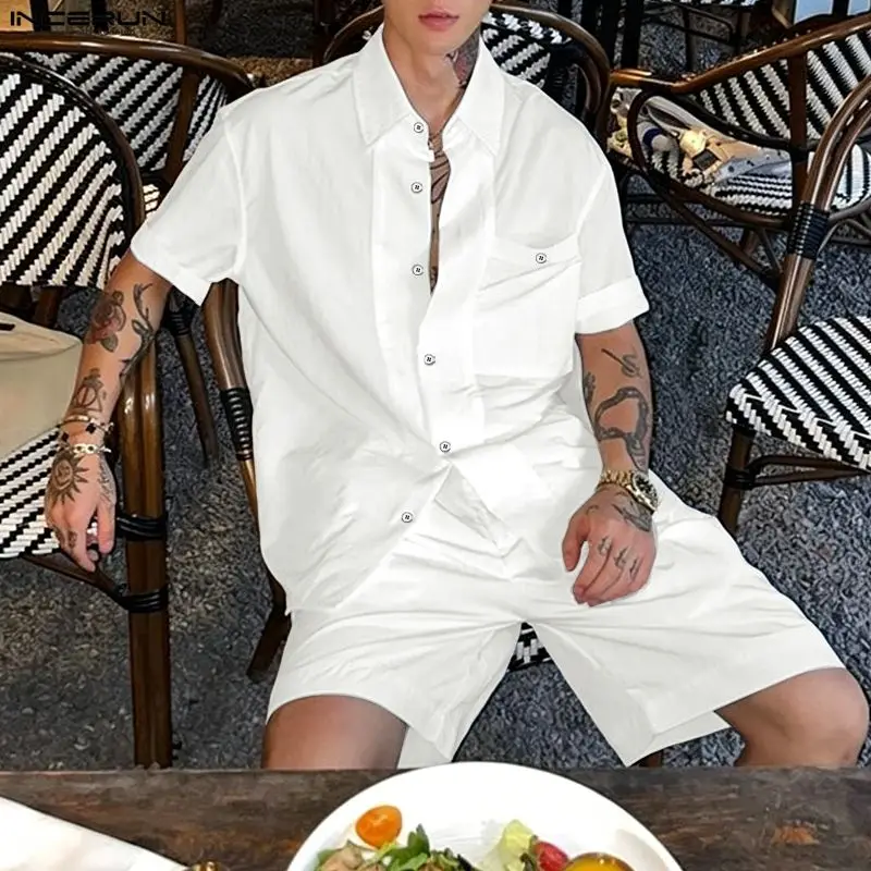 INCERUN Men Sets Solid Lapel Short Sleeve Shirt Shorts Two Piece Sets Streetwear Summer 2026 Loose Men Matching Sets Tracksuits view 3