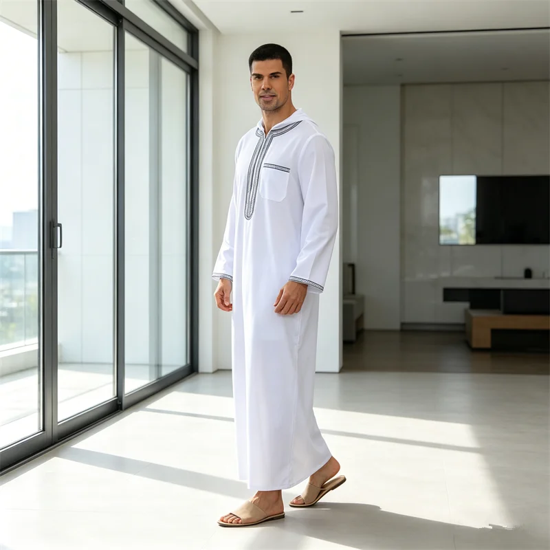 

Men's Hooded Jubba Thobe Muslim Islam Kaftan Djellaba Zipper Embroidery Casual Long Gown Daffah Dishdasha Traditional Clothing