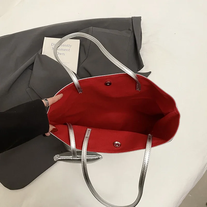 Quality Soft Leather Handbag Tote Simple Commute Bag Silver Lady Underarm Handbag Large Capacity Shoulder Bag With Coin Purse