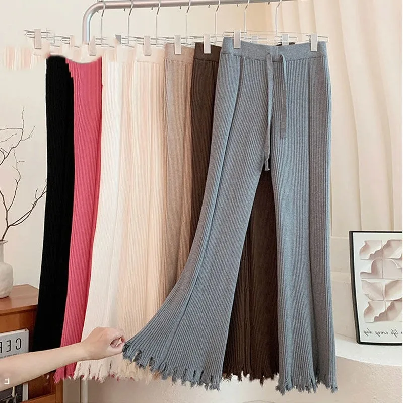 ハイウエストのややフレアしたタッセルファー付きニットワイドレッグパンツ、秋のピットストリップドレープフロアーモービングフレアパンツ（女性用）