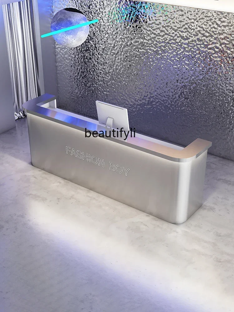 pgArc-Shaped Stainless Steel Front Desk Barber Shop Clothing Cashier Desk Advanced Bar Counter