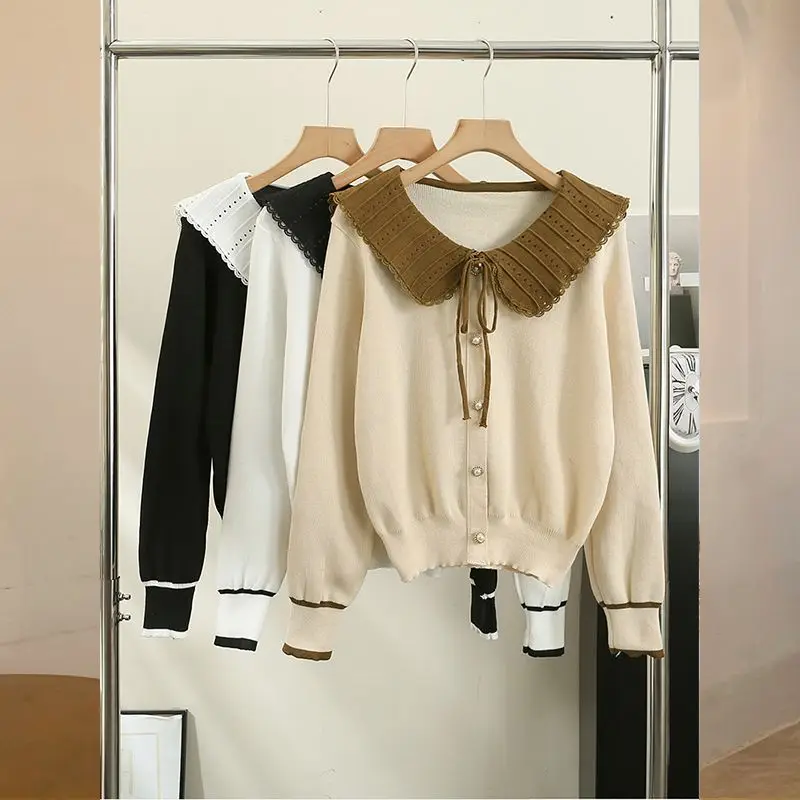 Korean Contrast Bow Short Pullovers Top Spring Autumn New Long Sleeve Knitting Fashion Sweaters Elegant Trend Women Clothing