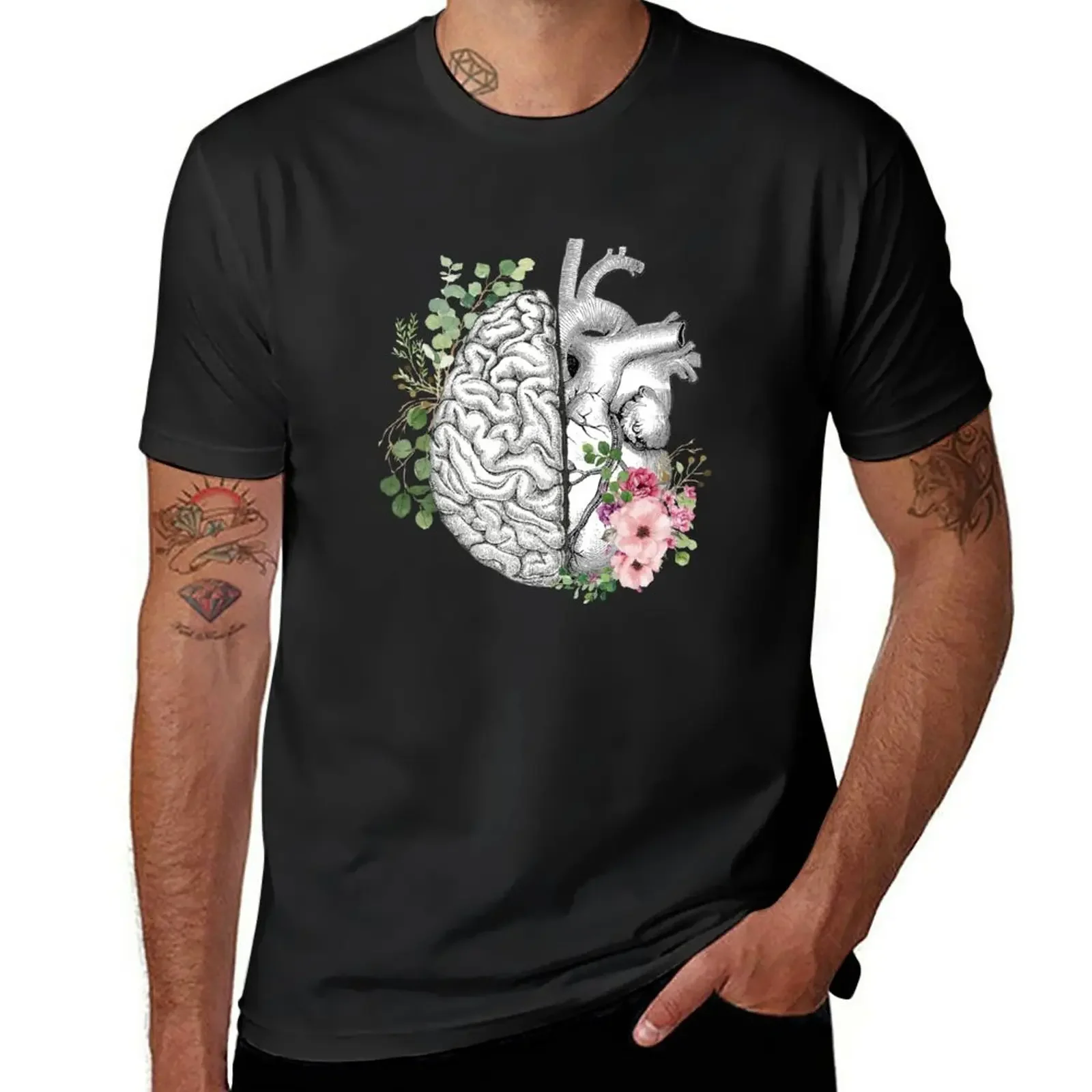 New Right balance between brain and heart, pink roses and leaves, watercolor T-Shirt kawaii clothes oversized t shirt men