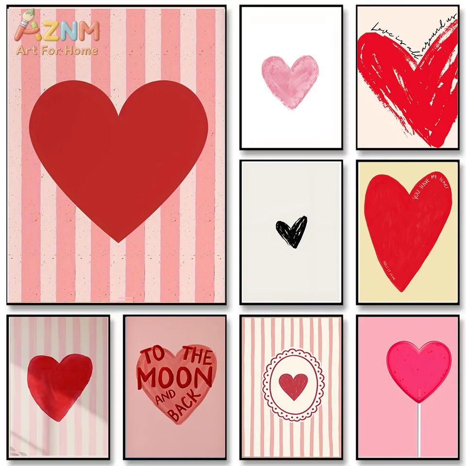 AZNM Pink Red Heart Canvas Wall Art Striped Lollipop Love Quote Abstract Print Coquette Bedroom Decor Unframed