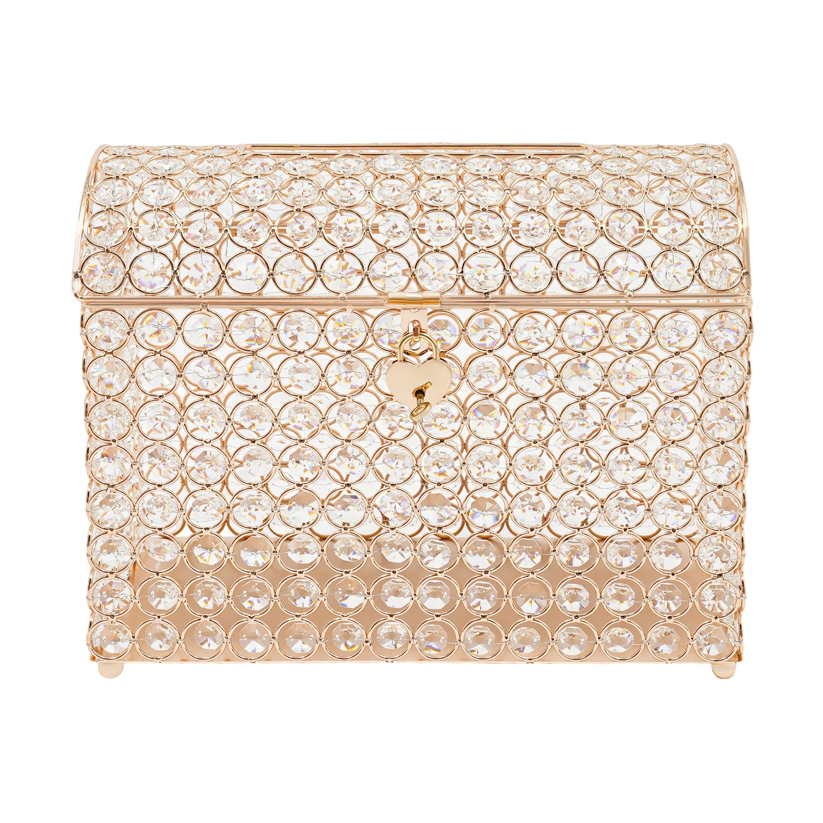 Gold Electroplated Crystal Wedding Card Box With Heart Lock, Iron Glass Steel 311625cm Tabletop Storage Accessories, Four Stabilizing Steel Feet Anti-slip Base Lockable Heart Key Hardware