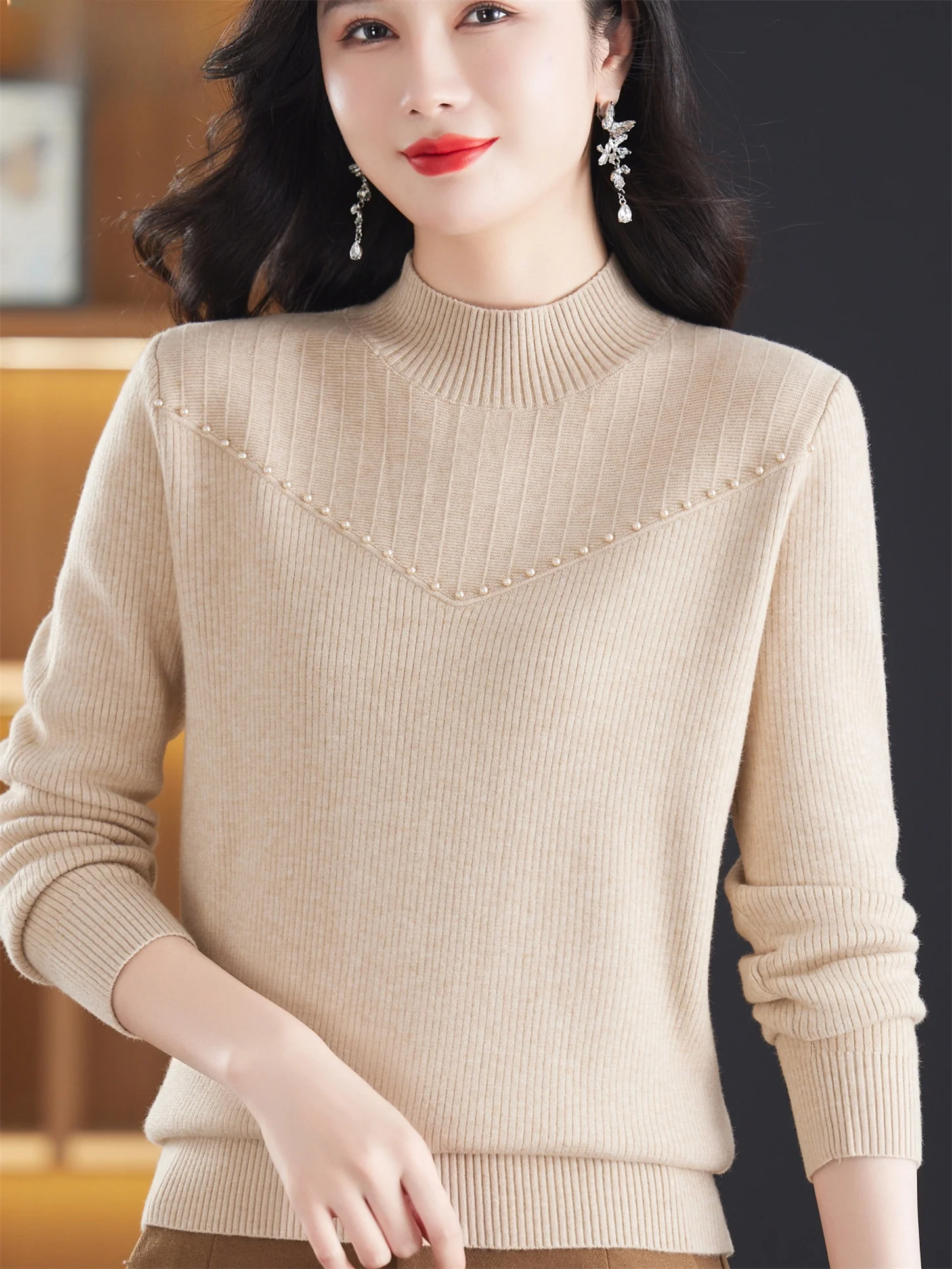 

Pearl Decorated Thiened Loose Fitting Base Layer Sweater f High Collar Mommy Sle Autumn Winter New Arrival for Middle ...