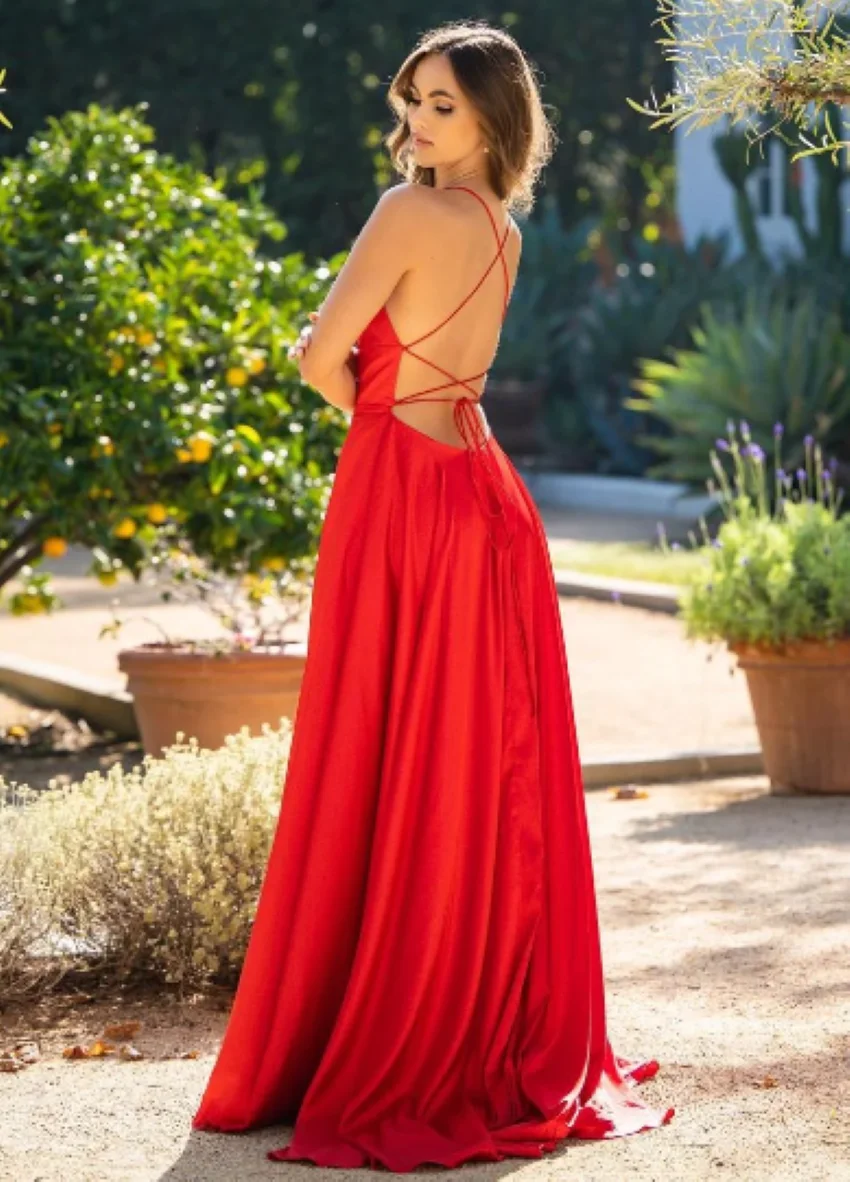 Women Cowl Neckline Sexy Side Slit Backless Gown Maxi Satin Spaghetti Strap Wedding Party Dress Burgundy Simple Bridesmaid Dress