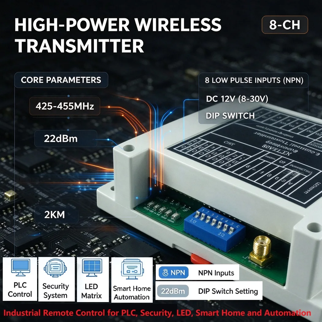 8CH RF Wireless Remote Kit 2KM Long Range 425-455MHz Transmitter Receiver 10A Relay Output Momentary Self-locking