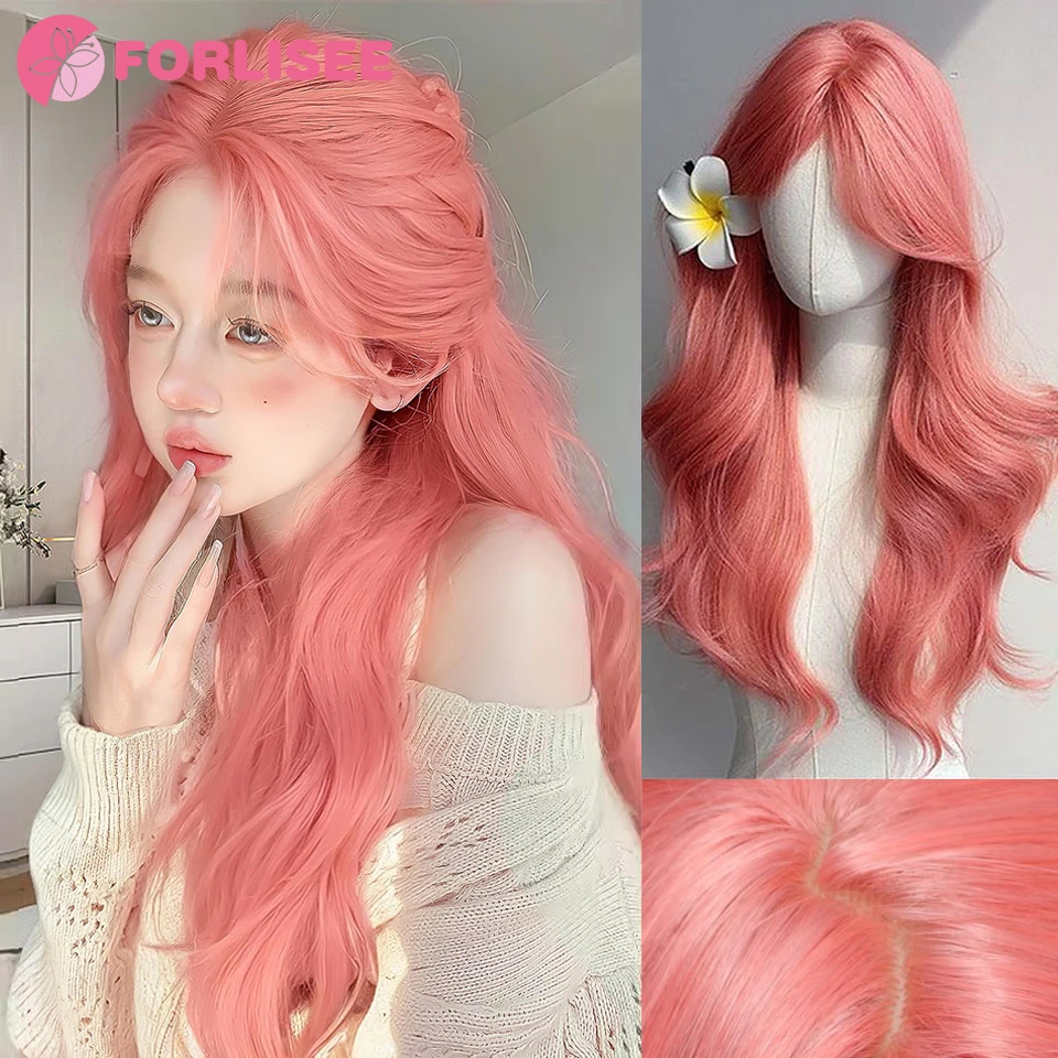

FORLISEE Synthetic Pink Wig Long Wavy Wigs Middle Part Wave Wig Heat Resistant Cosplay Party Daily Hair Wig Suitable for Women