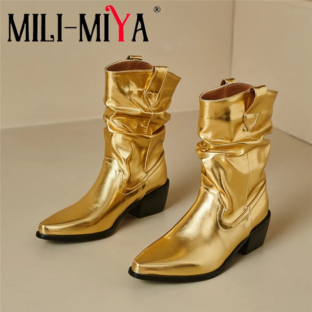 

MILI-MIYA Women Pu Leather Pointed Toe Mid Calf Boots Thick Heels Solid Color Slip On Plus Size 34-45 Handmade For Ladies