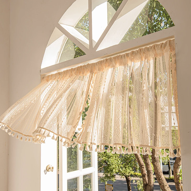 

Circular Patterned Hanging Tassel Short Curtain Beige Lace Short Curtain for Living Room Bedroom Kitchen Cabinet Cover Curtain