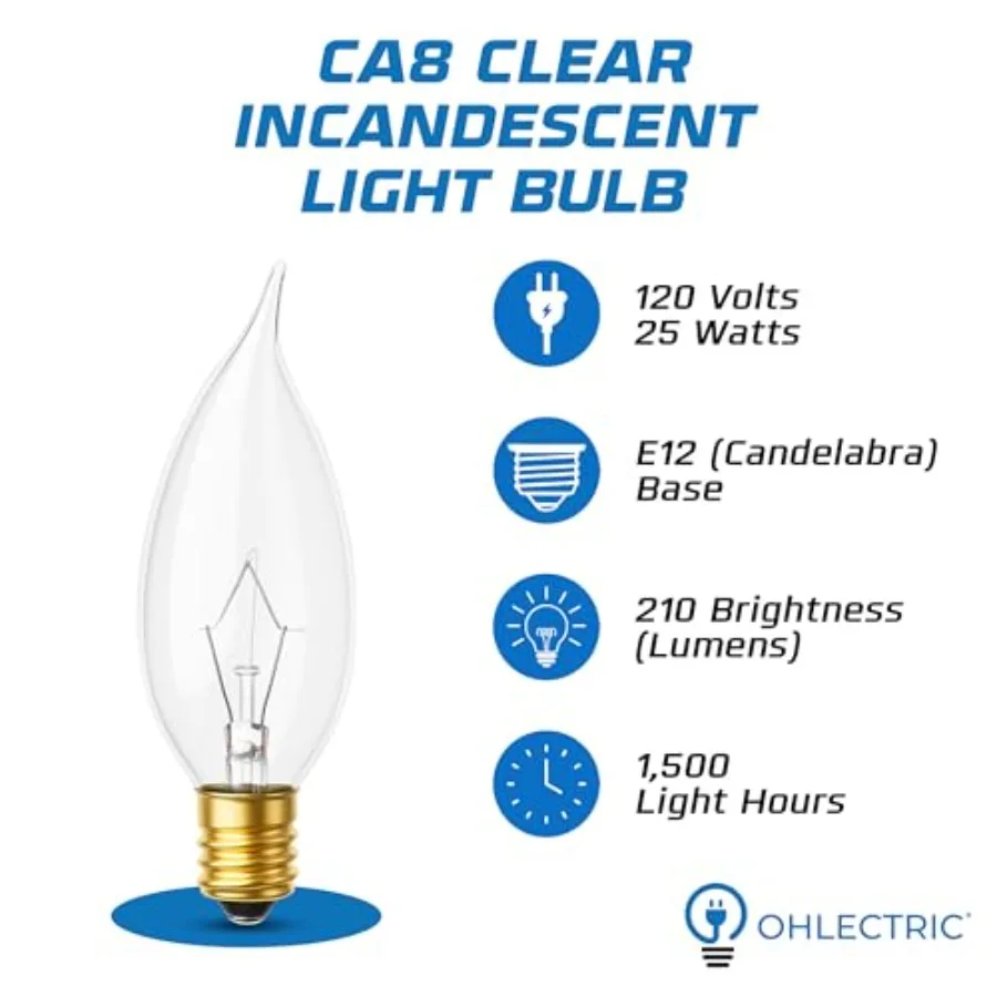 CA8 Incandescent Flame Tip Light Bulb 4-Pack 25 Watt, Candelabra Base E12, Dimmable Bulbs, 2700K Soft White, 210 Lumens, Decora