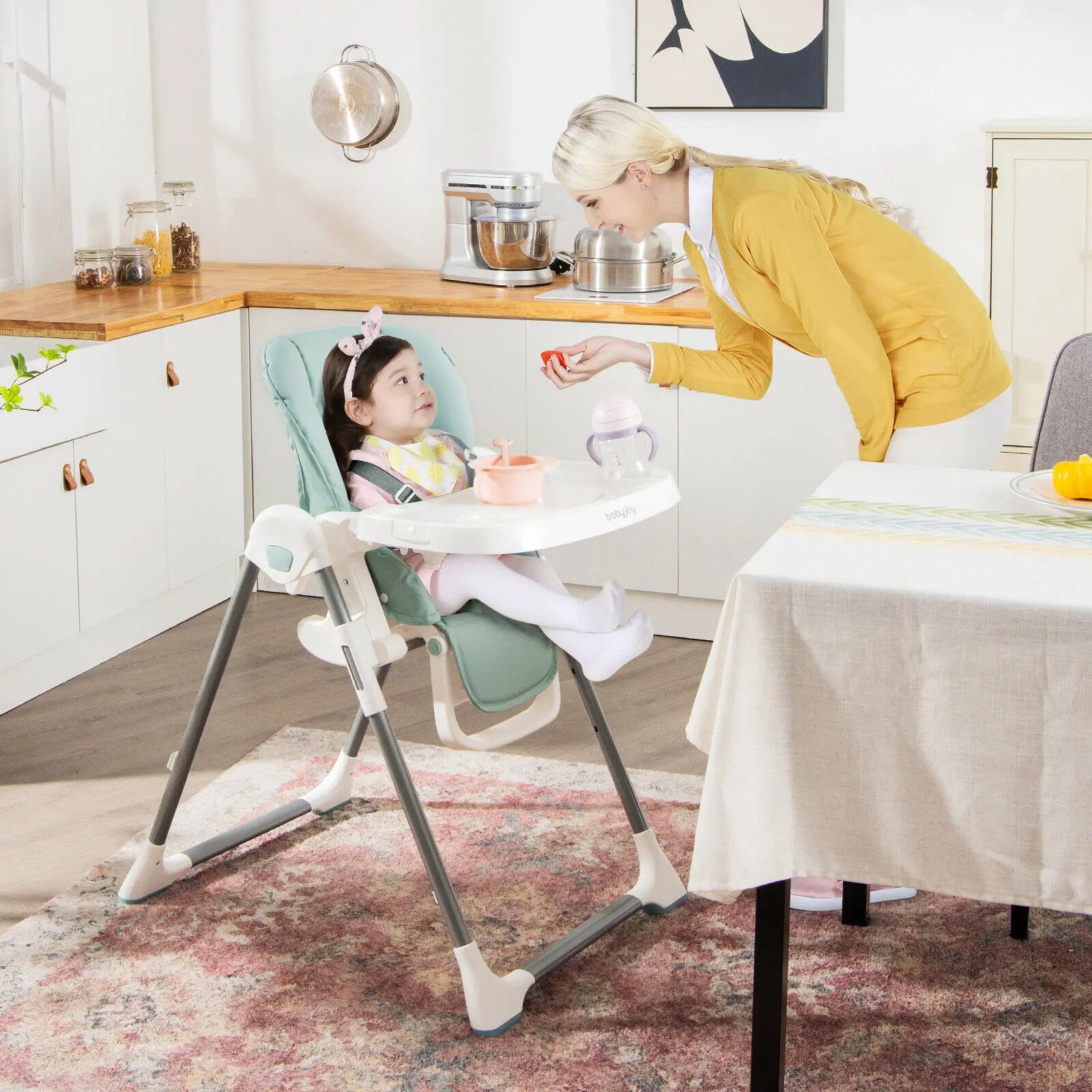 Babyjoy – chaise haute pliable pour bébé, avec Double plateaux amovibles et porte-livre vert