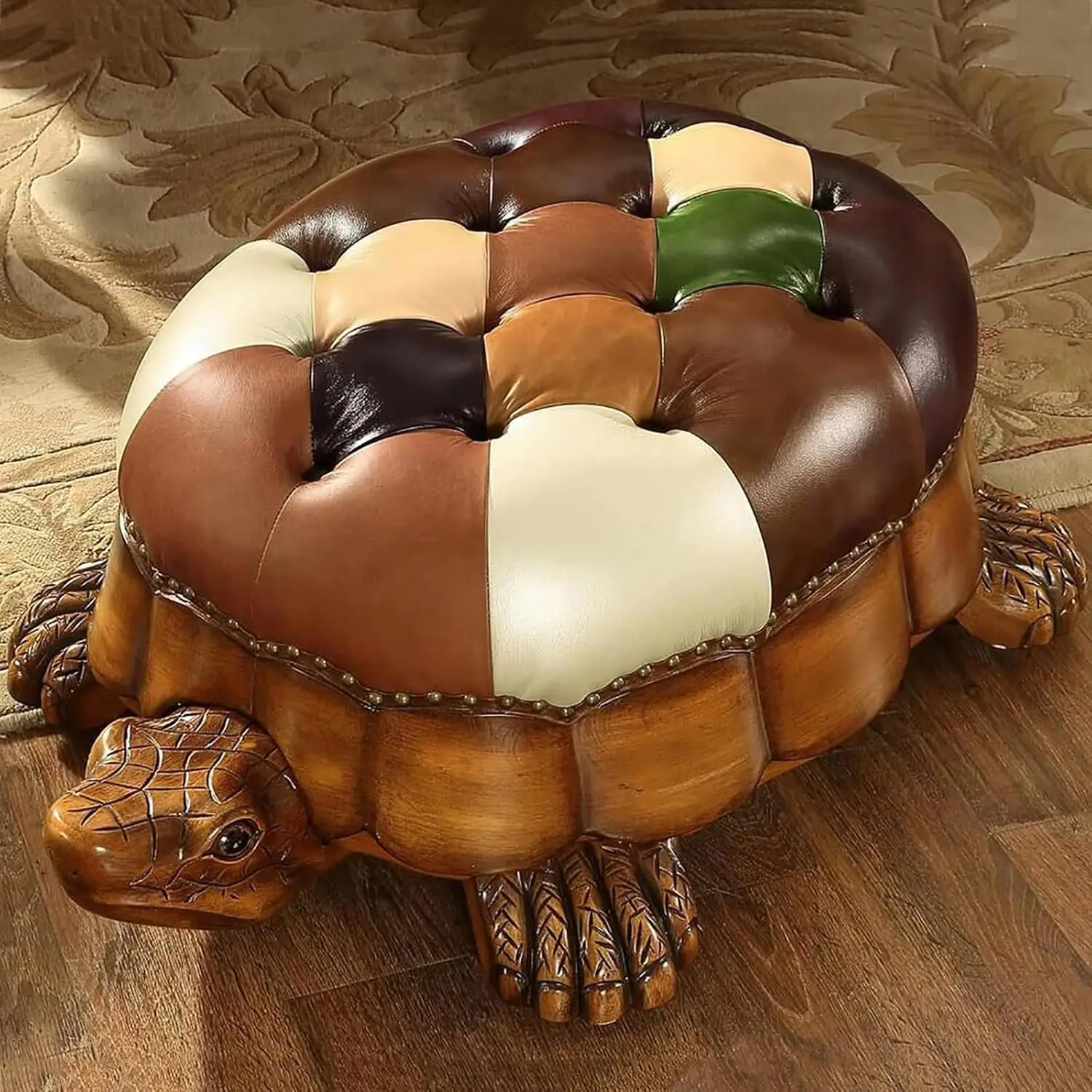 Turtle Leather Ottoman Vintage Wood Carved Upholstered Foot Rest Wheels Small Seat Living Room Bedroom 80x55cm, Customized