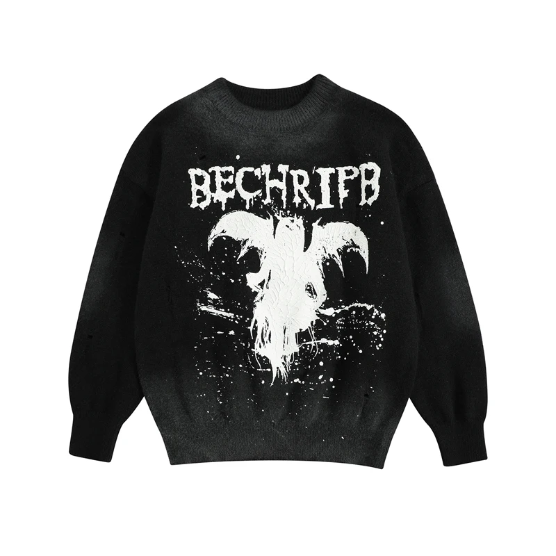 Men Gothic Bat Graphic Sweater Y2K Vintage Wash Knitted Pullover Distressed Ripped Jumper Dark Streetwear Hip Hop Oversized Tops