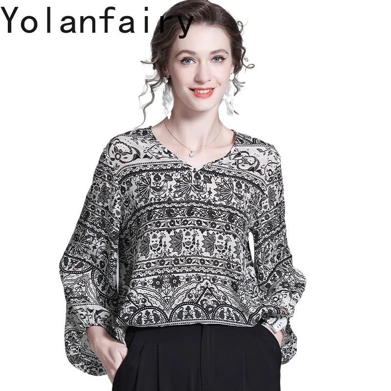 YOLANFAIRY New High Quality 100% Real Mulberry Silk Blouse for Woman 2026 Vintage Elegant Tops Printed Loose Shirts and Blouses