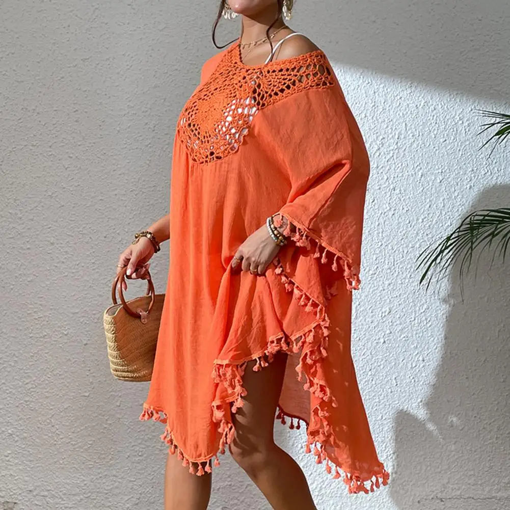 Fringed Bikini Cover Up Hollow Design Cover Up Blouse Loose Fit Swimsuit Dress Women's O-neck Fringed Hollow Beach Cover Up