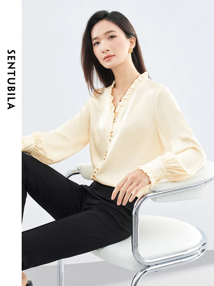 SENTUBILA Elegant French Satin Shirts Blouses Woman 2024 Spring Autumn Female V-neck Long Sleeve Tops Womens Clothes 141V53078